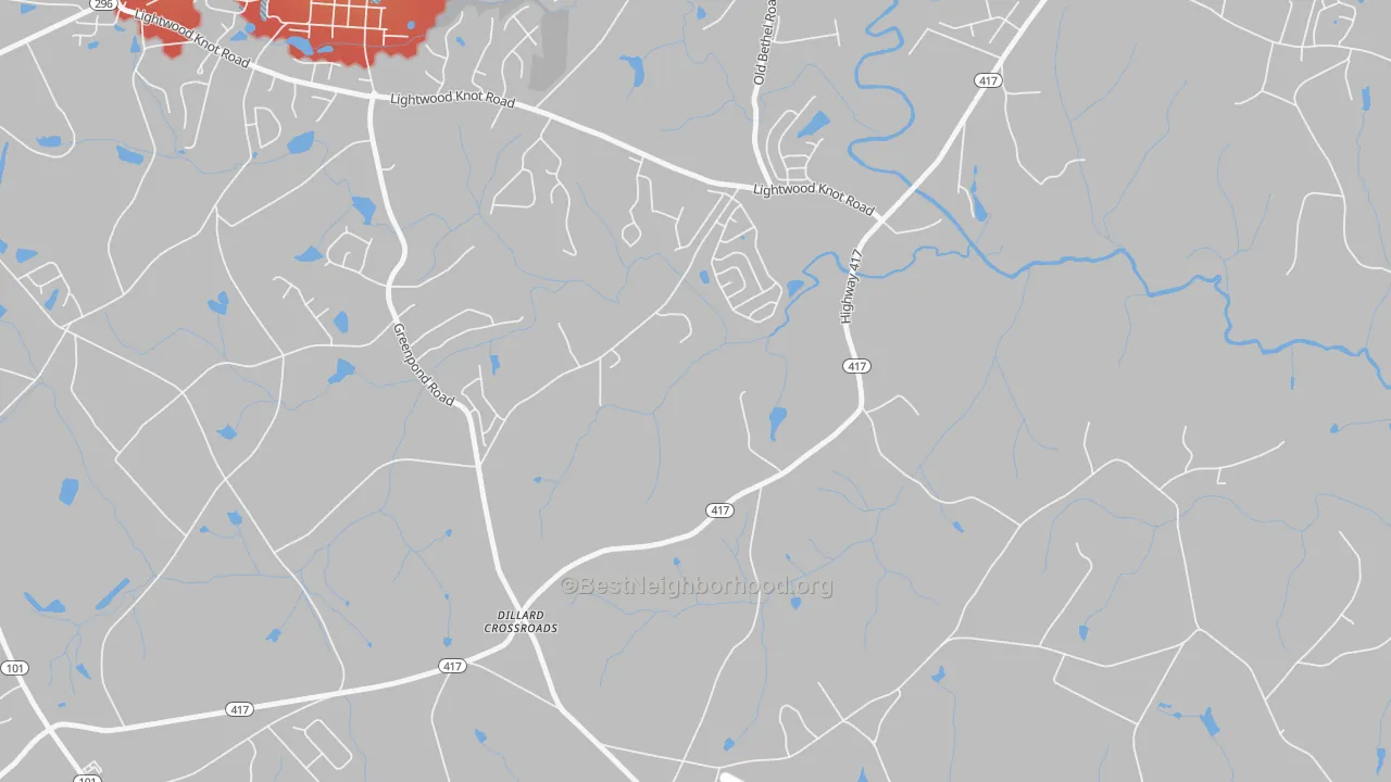 Walk Grade map of Poplar Springs, SC, walkable areas in green and car-dependent areas in red
