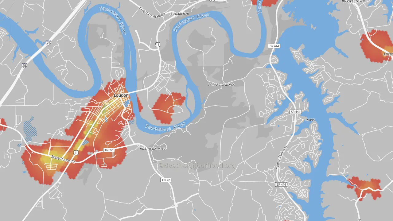 Walk Grade map of Poplar Springs, TN, walkable areas in green and car-dependent areas in red