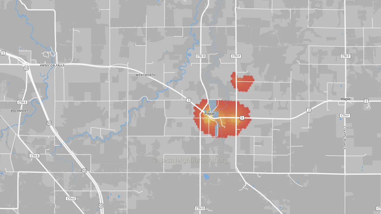 Walk Grade map of Poplar, WI, walkable areas in green and car-dependent areas in red