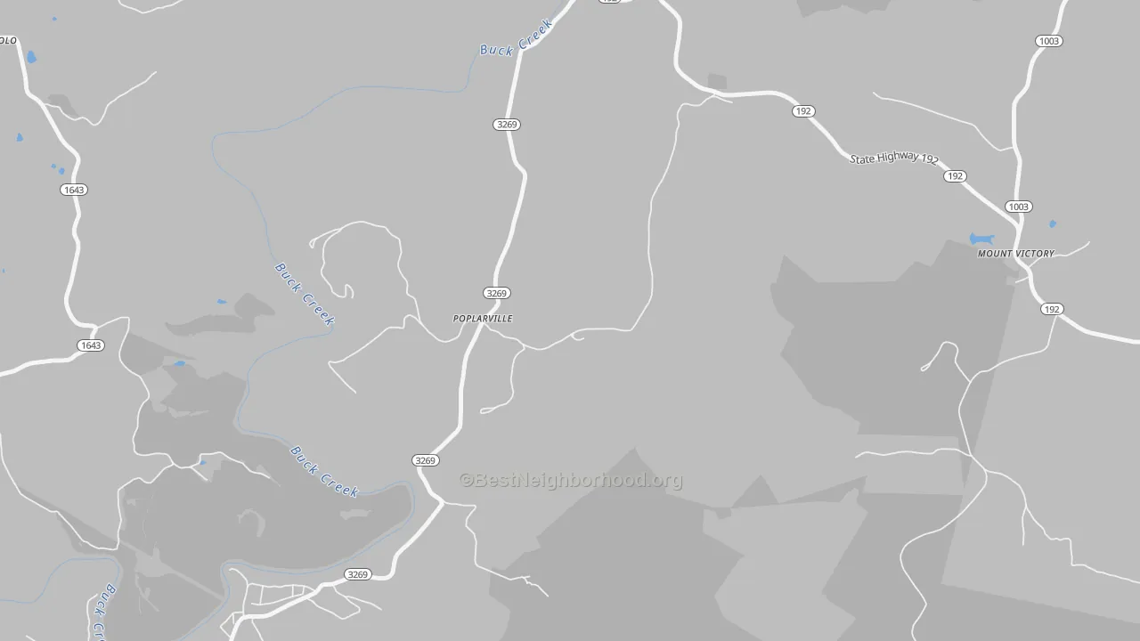 Walk Grade map of Poplarville, KY, walkable areas in green and car-dependent areas in red