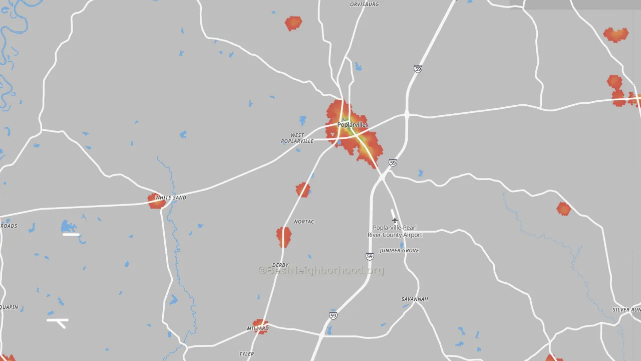Walk Grade map of Poplarville, MS, walkable areas in green and car-dependent areas in red