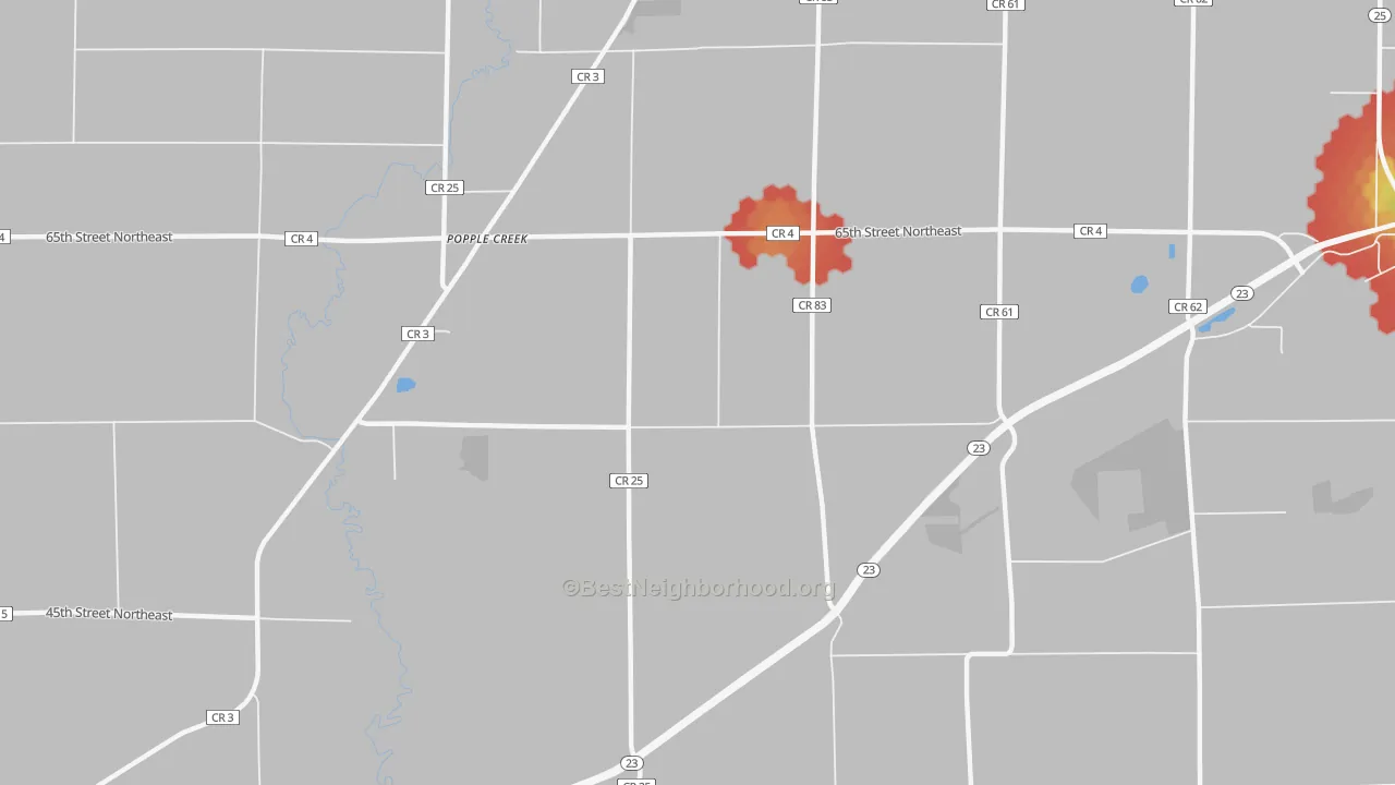 Walk Grade map of Popple Creek, MN, walkable areas in green and car-dependent areas in red
