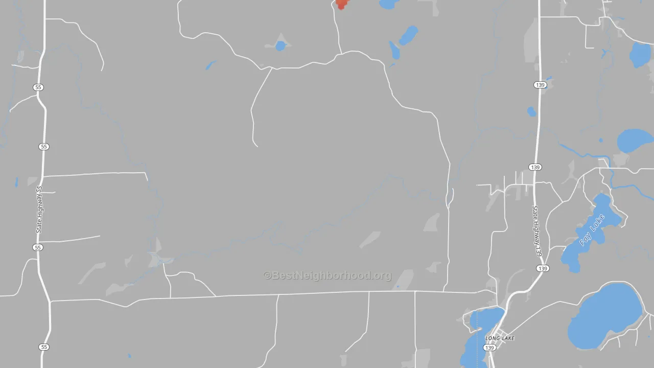 Walk Grade map of Popple River, WI, walkable areas in green and car-dependent areas in red