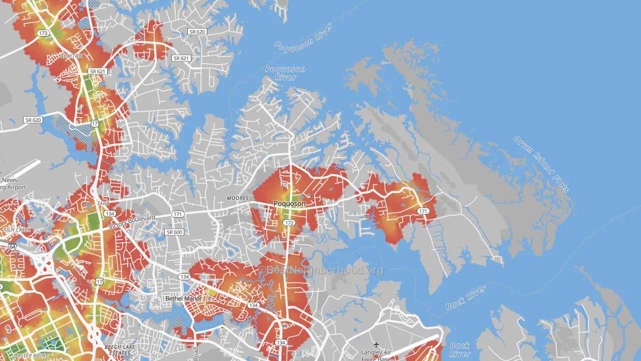 Walk Grade map of Poquoson City, VA, walkable areas in green and car-dependent areas in red