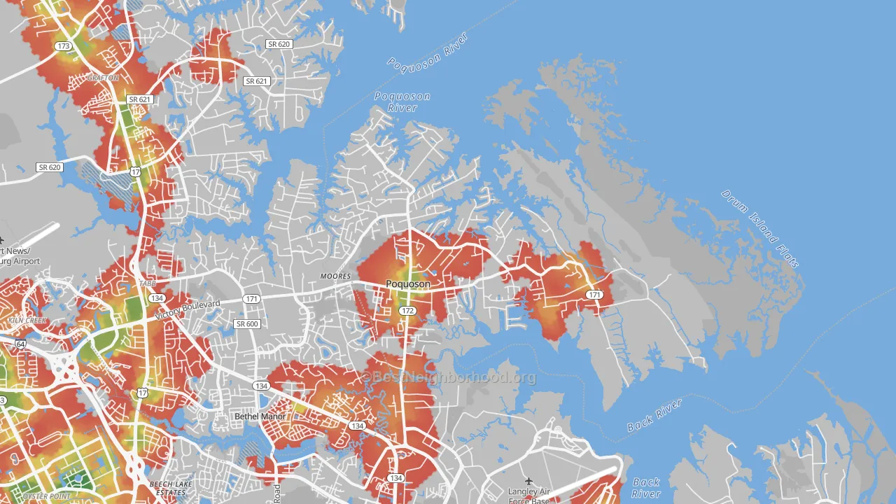 Walk Grade map of Poquoson, VA, walkable areas in green and car-dependent areas in red