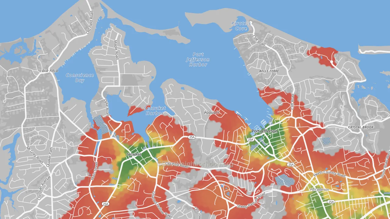 Walk Grade map of Poquott, NY, walkable areas in green and car-dependent areas in red