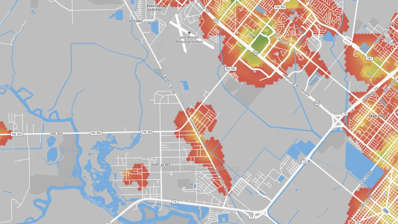 Walk Grade map of Port Acres, TX, walkable areas in green and car-dependent areas in red