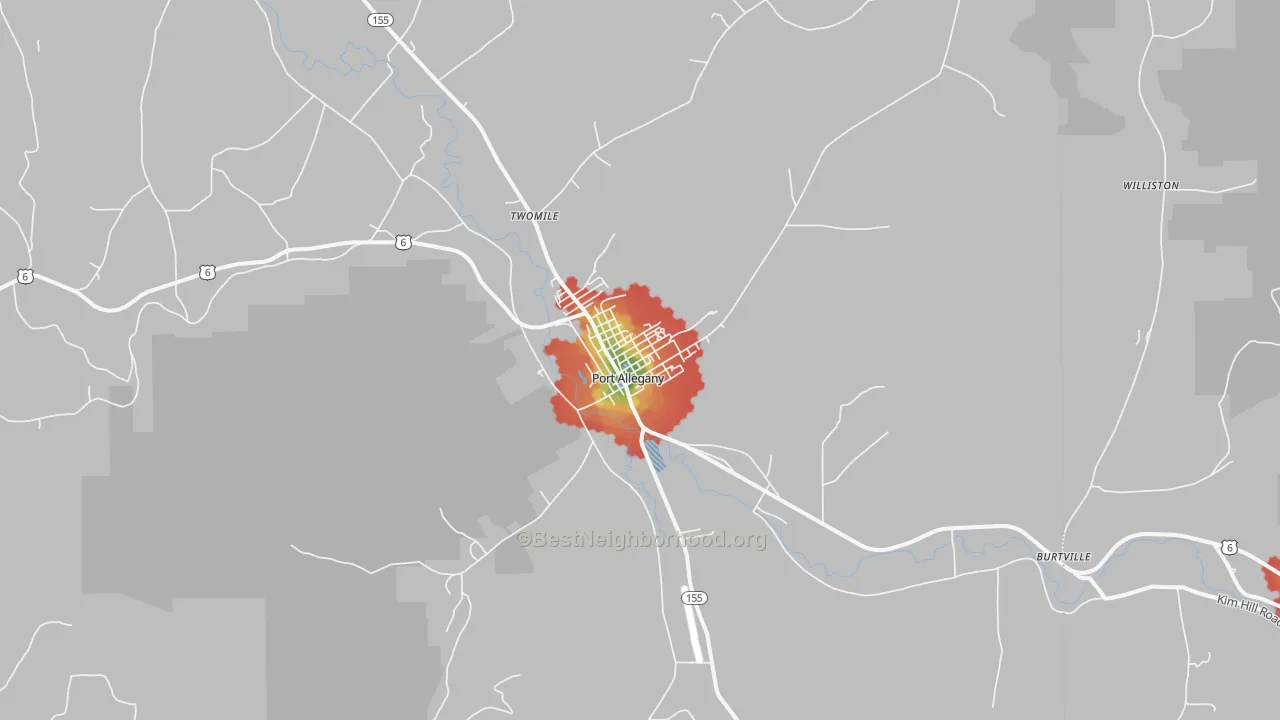 Walk Grade map of Port Allegany, PA, walkable areas in green and car-dependent areas in red