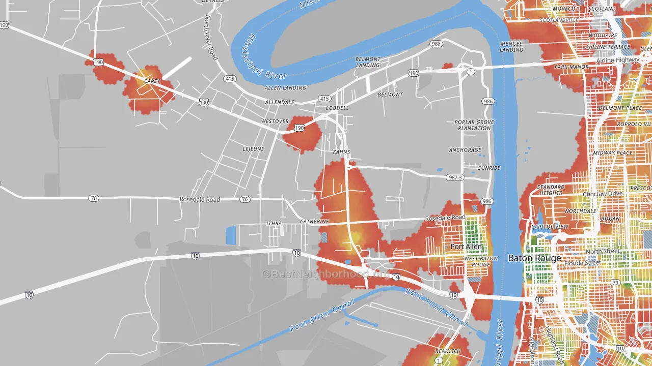 Walk Grade map of Port Allen, LA, walkable areas in green and car-dependent areas in red