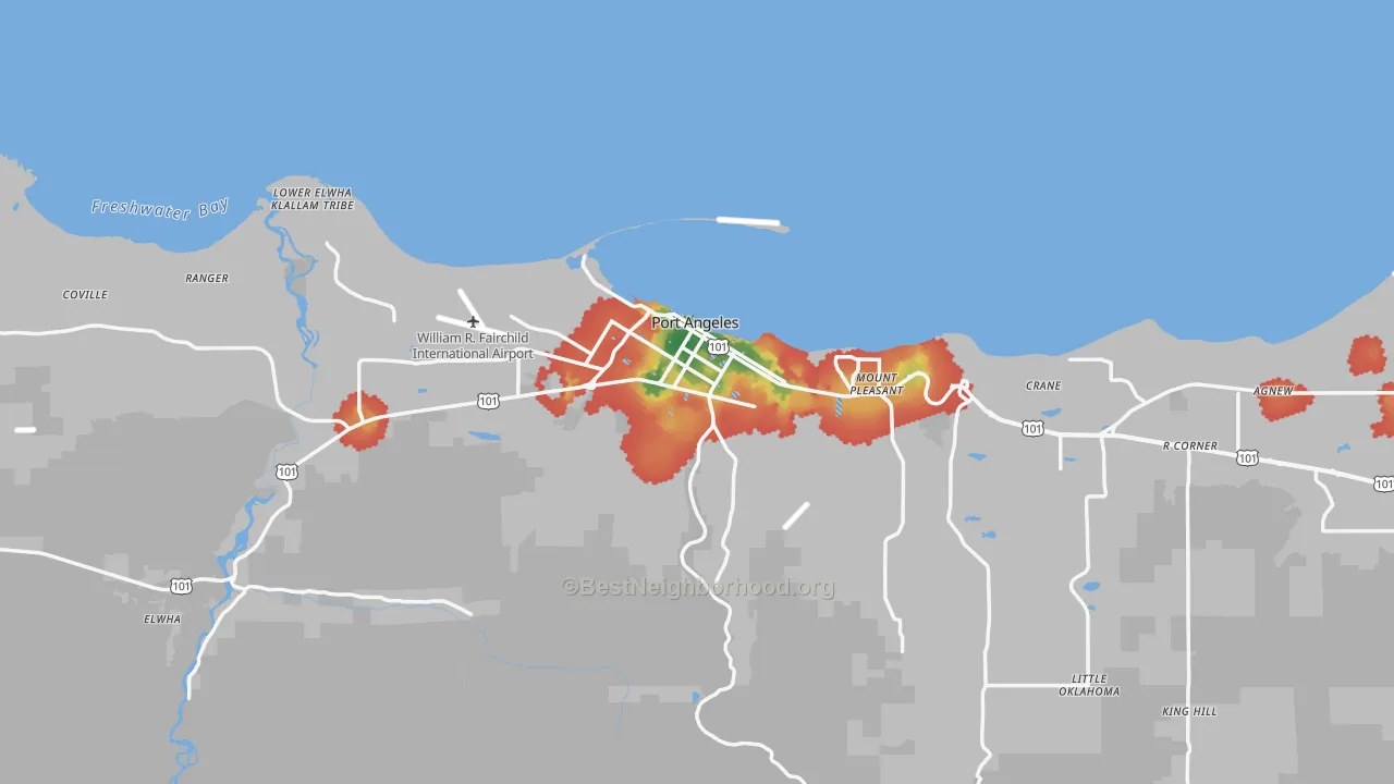 Walk Grade map of Port Angeles, WA, walkable areas in green and car-dependent areas in red
