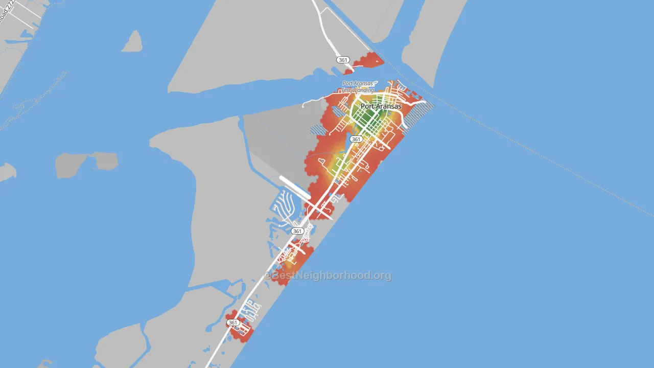 Walk Grade map of Port Aransas, TX, walkable areas in green and car-dependent areas in red
