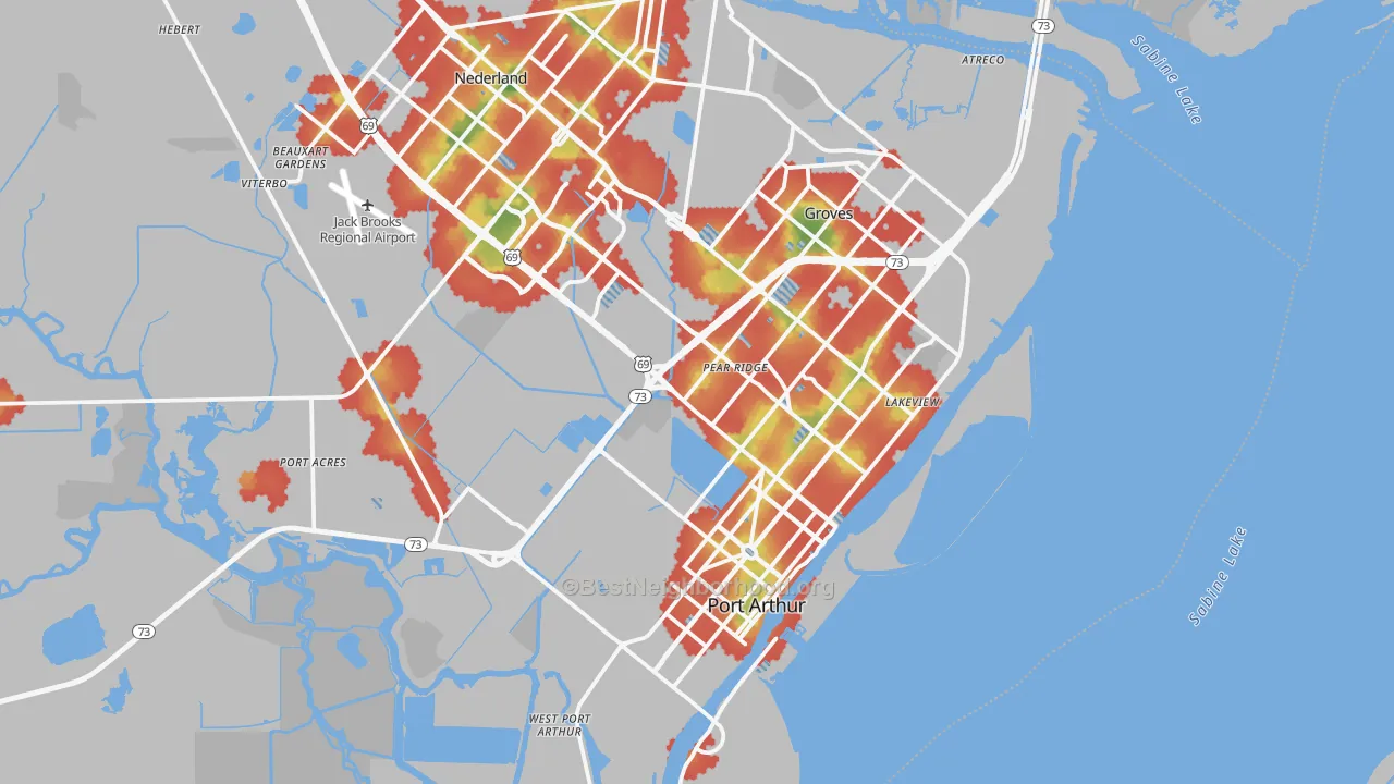 Walk Grade map of Port Arthur, TX, walkable areas in green and car-dependent areas in red
