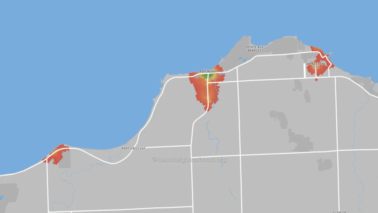 Walk Grade map of Port Austin, MI, walkable areas in green and car-dependent areas in red