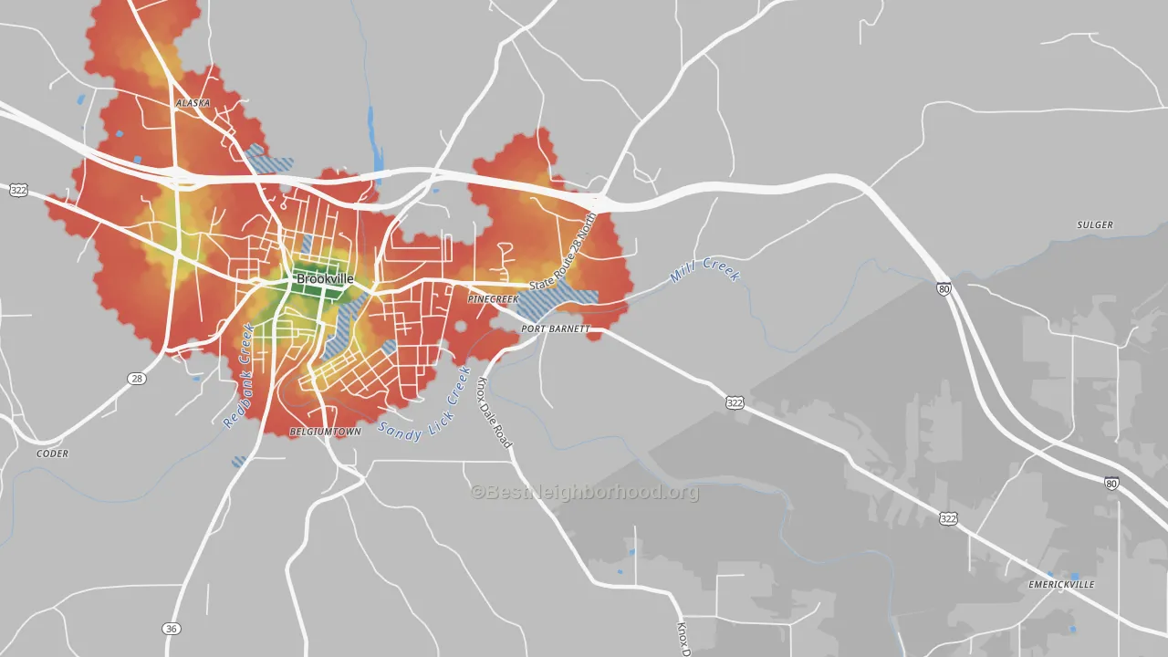 Walk Grade map of Port Barnett, PA, walkable areas in green and car-dependent areas in red