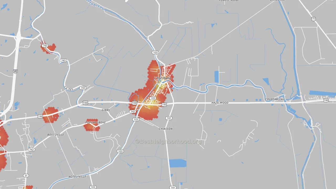 Walk Grade map of Port Barre, LA, walkable areas in green and car-dependent areas in red