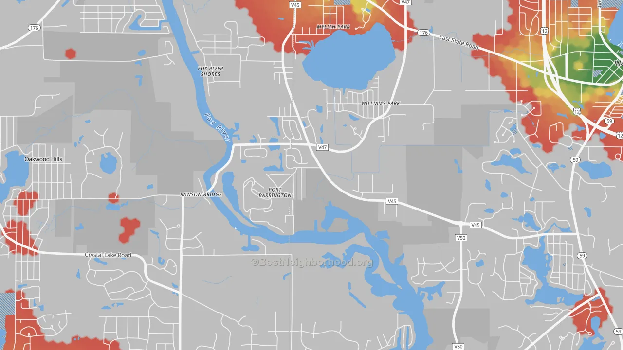 Walk Grade map of Port Barrington, IL, walkable areas in green and car-dependent areas in red