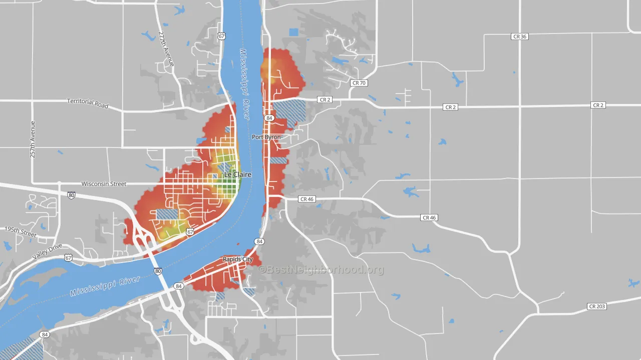 Walk Grade map of Port Byron, IL, walkable areas in green and car-dependent areas in red