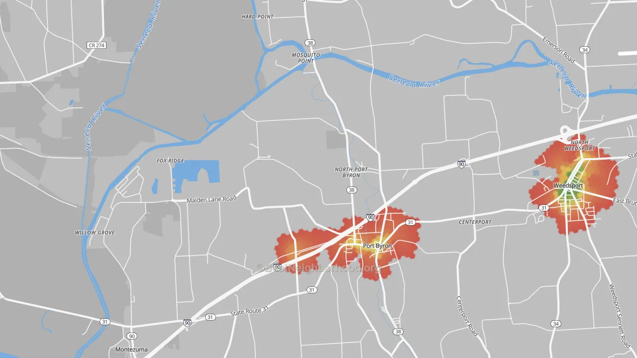 Walk Grade map of Port Byron, NY, walkable areas in green and car-dependent areas in red
