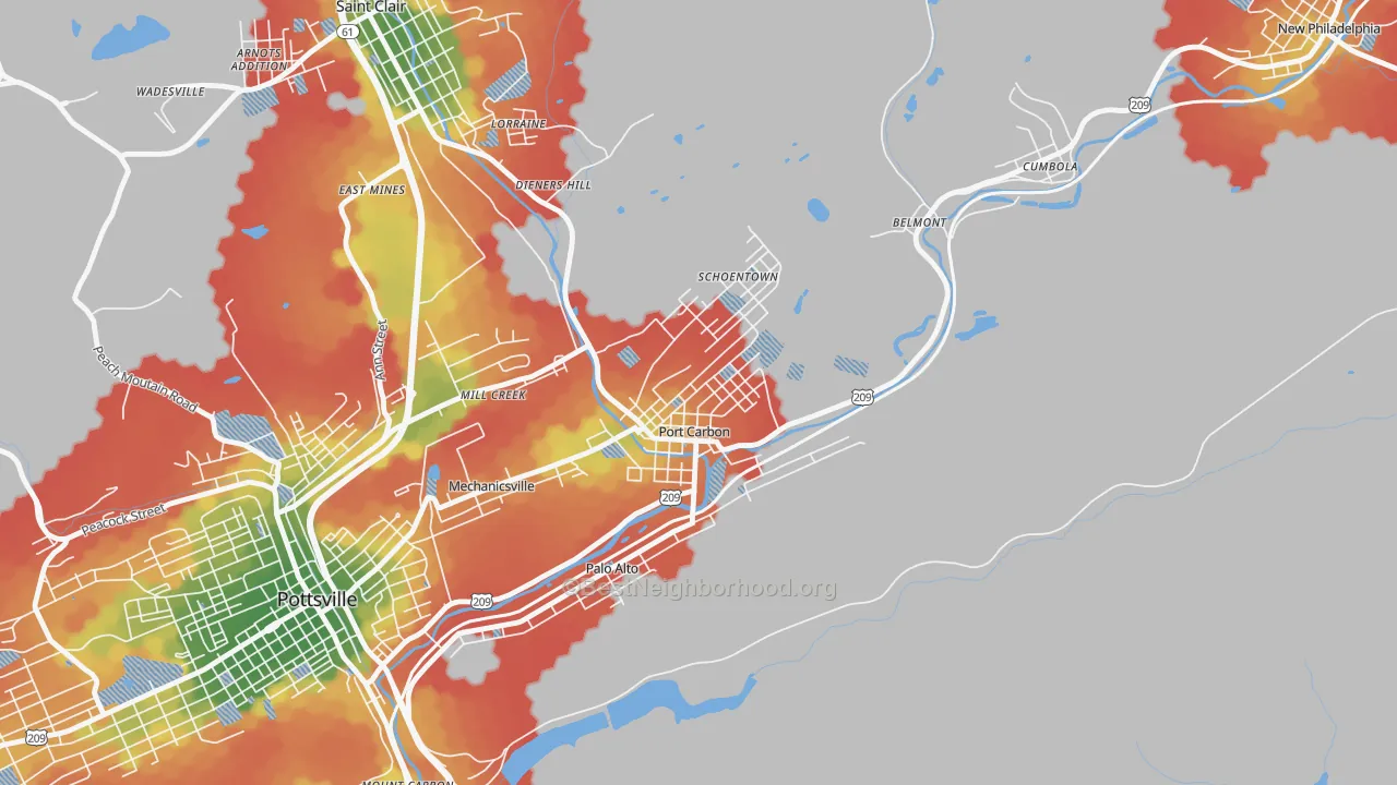 Walk Grade map of Port Carbon, PA, walkable areas in green and car-dependent areas in red
