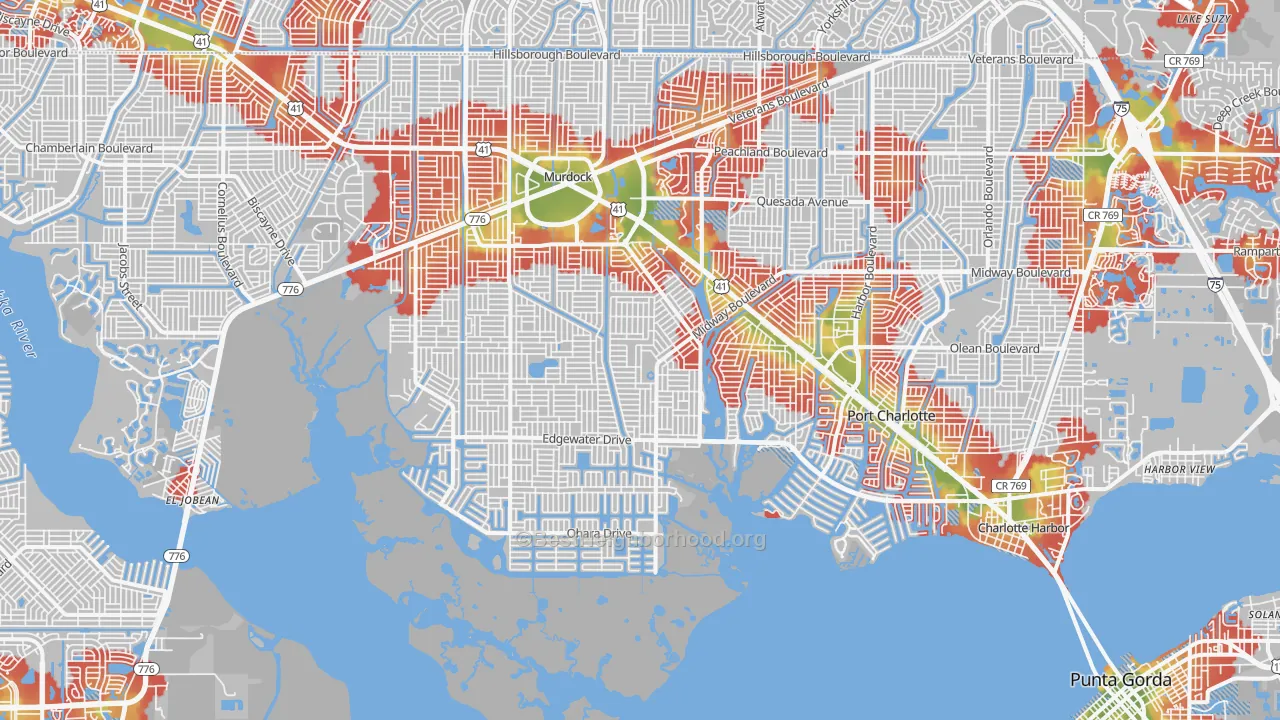 Walk Grade map of Port Charlotte, FL, walkable areas in green and car-dependent areas in red