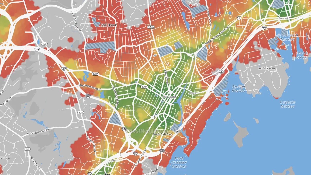 Walk Grade map of Port Chester, NY, walkable areas in green and car-dependent areas in red