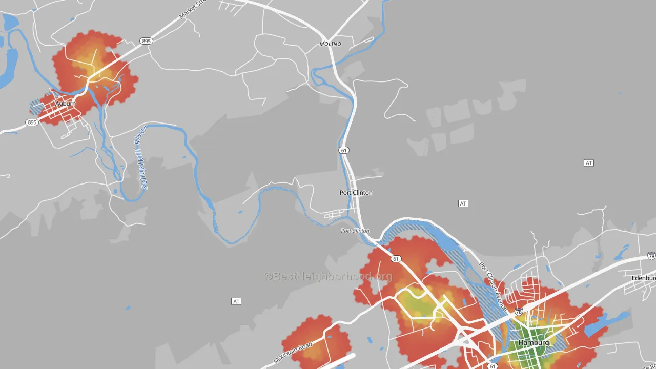 Walk Grade map of Port Clinton, PA, walkable areas in green and car-dependent areas in red
