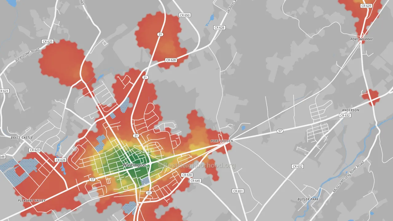 Walk Grade map of Port Colden, NJ, walkable areas in green and car-dependent areas in red