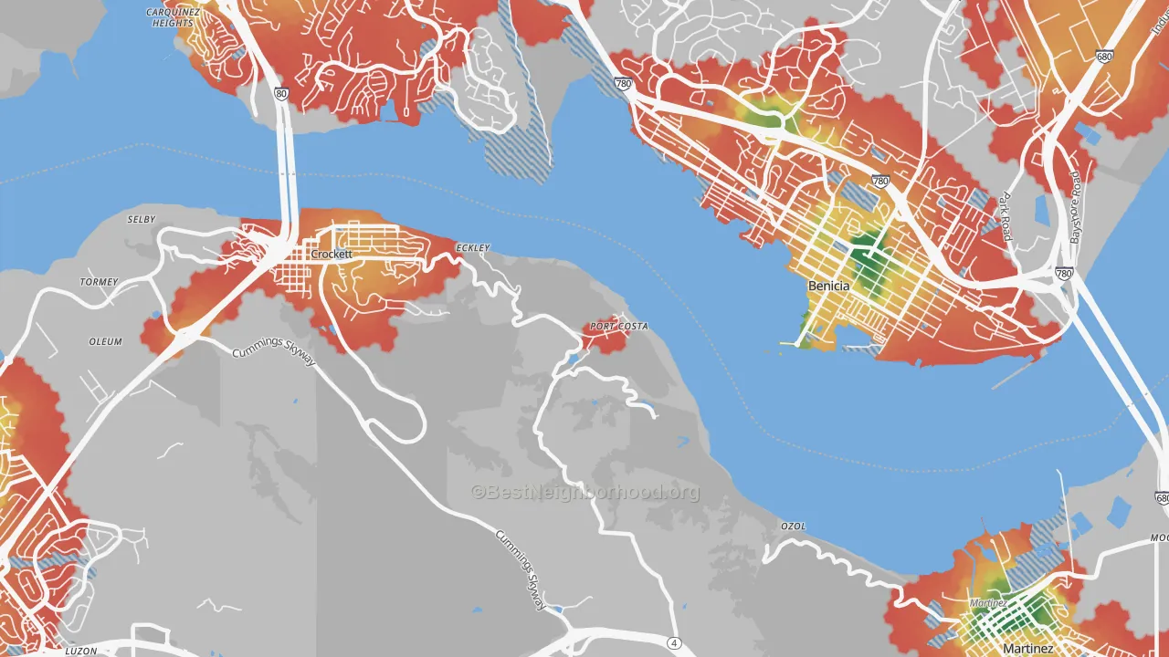 Walk Grade map of Port Costa, CA, walkable areas in green and car-dependent areas in red