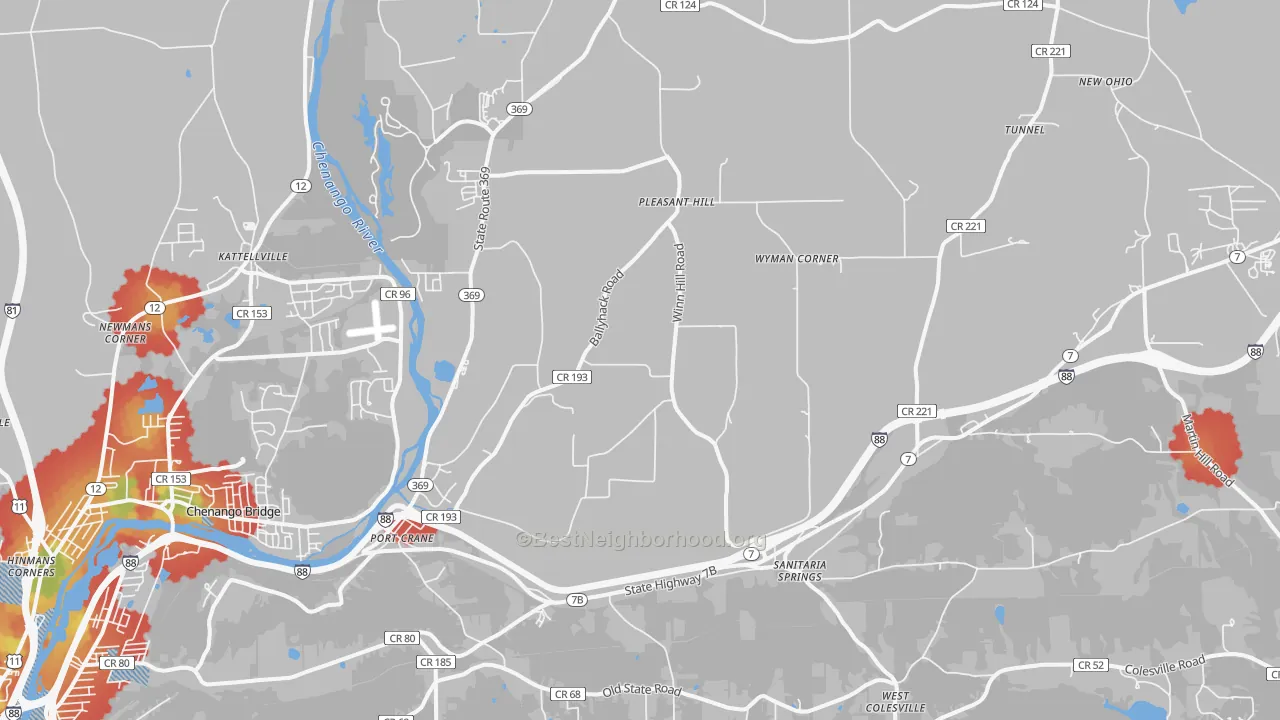 Walk Grade map of Port Crane, NY, walkable areas in green and car-dependent areas in red