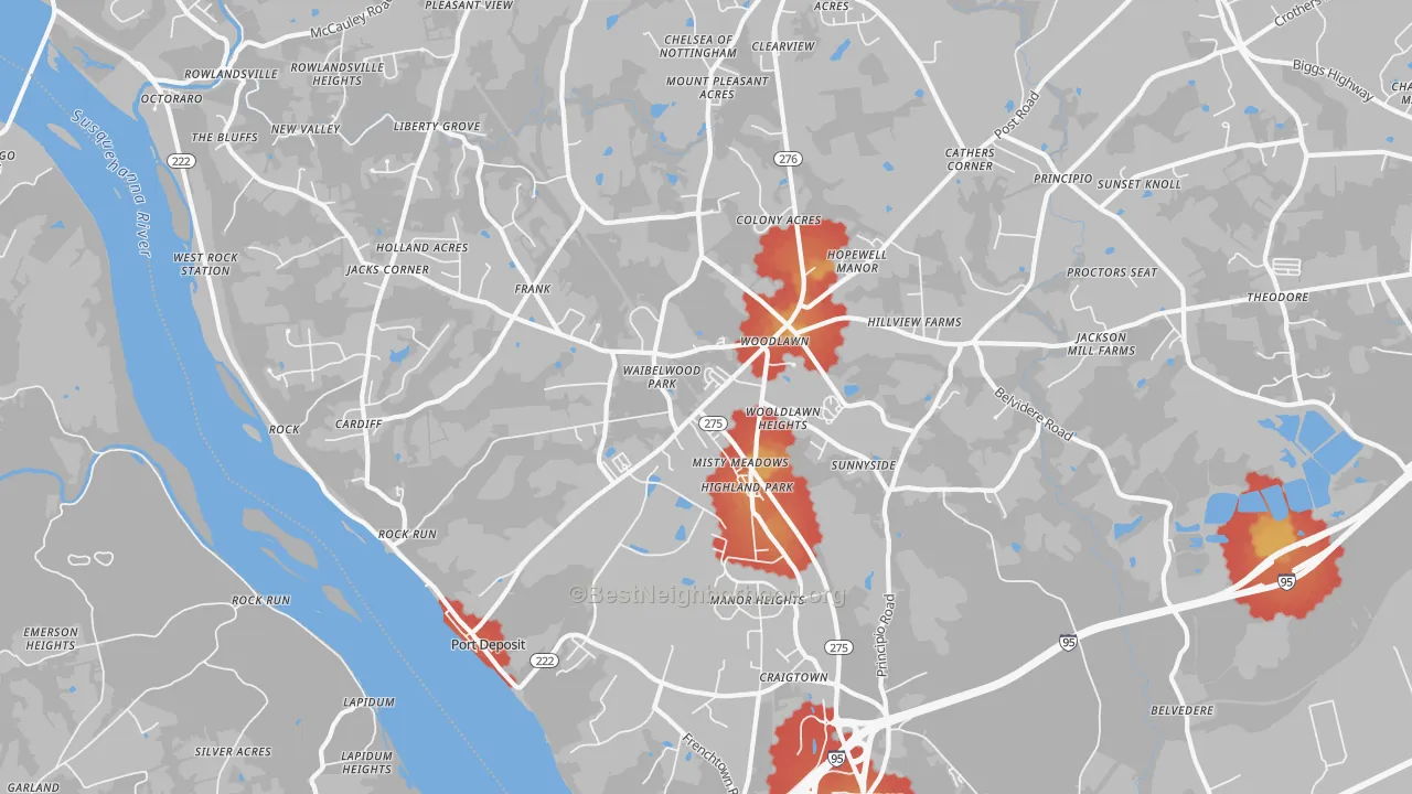 Walk Grade map of Port Deposit, MD, walkable areas in green and car-dependent areas in red