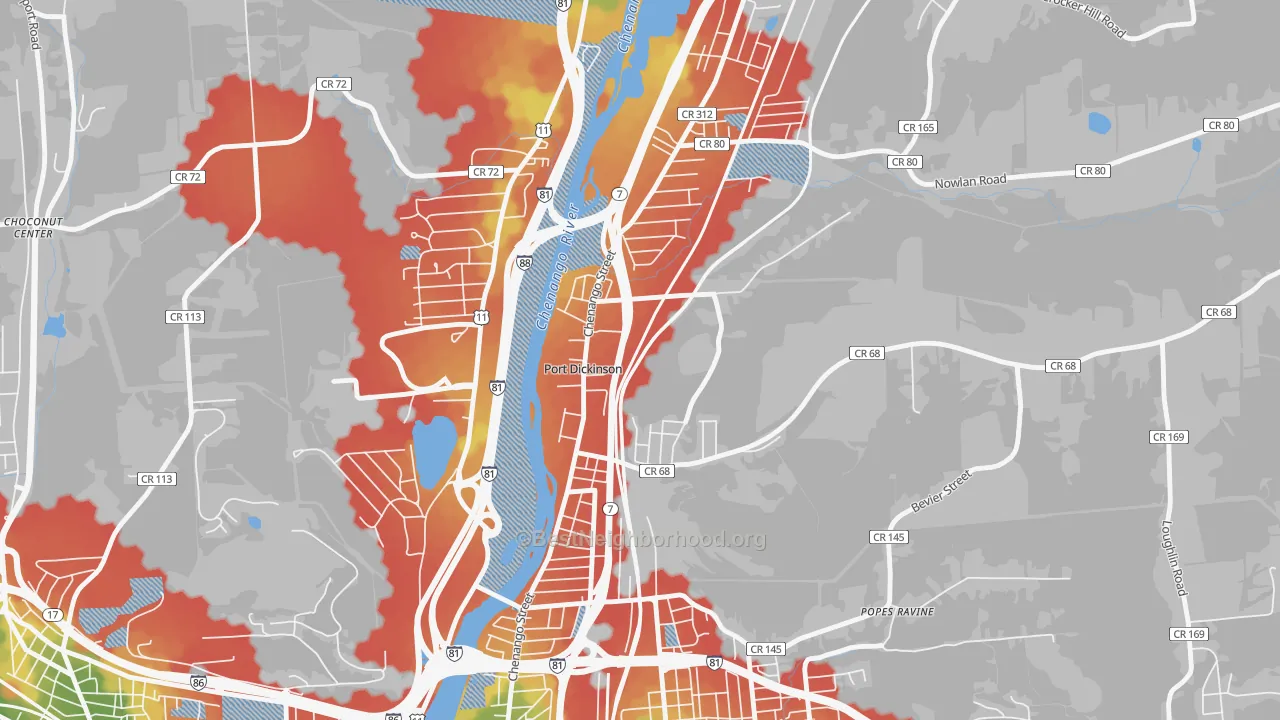 Walk Grade map of Port Dickinson, NY, walkable areas in green and car-dependent areas in red