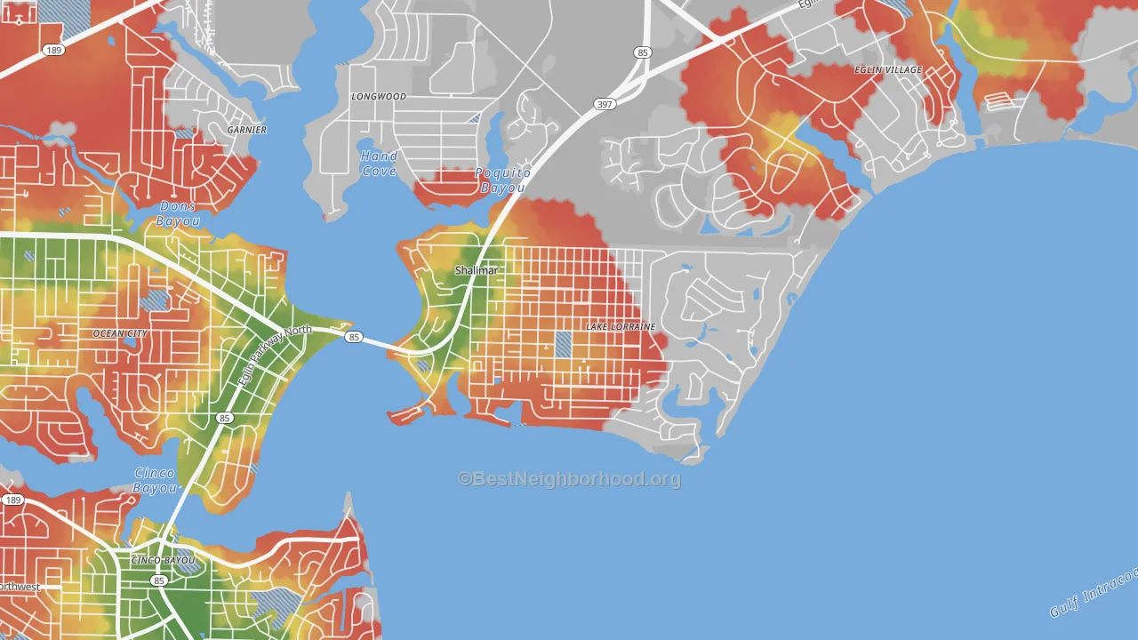 Walk Grade map of Port Dixie, Lake Lorraine, FL, walkable areas in green and car-dependent areas in red