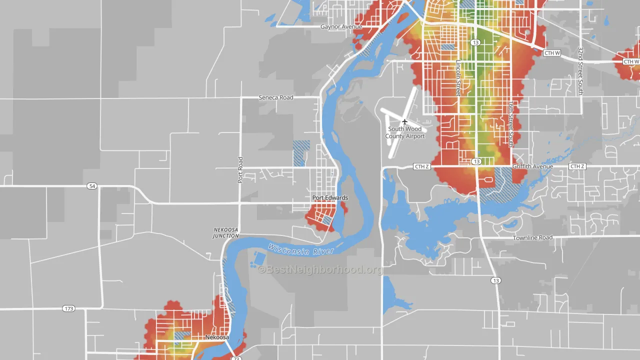Walk Grade map of Port Edwards, WI, walkable areas in green and car-dependent areas in red