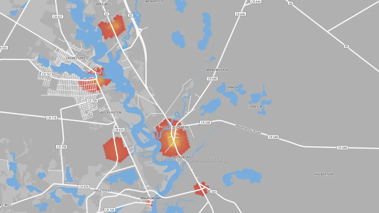 Walk Grade map of Port Elizabeth, NJ, walkable areas in green and car-dependent areas in red