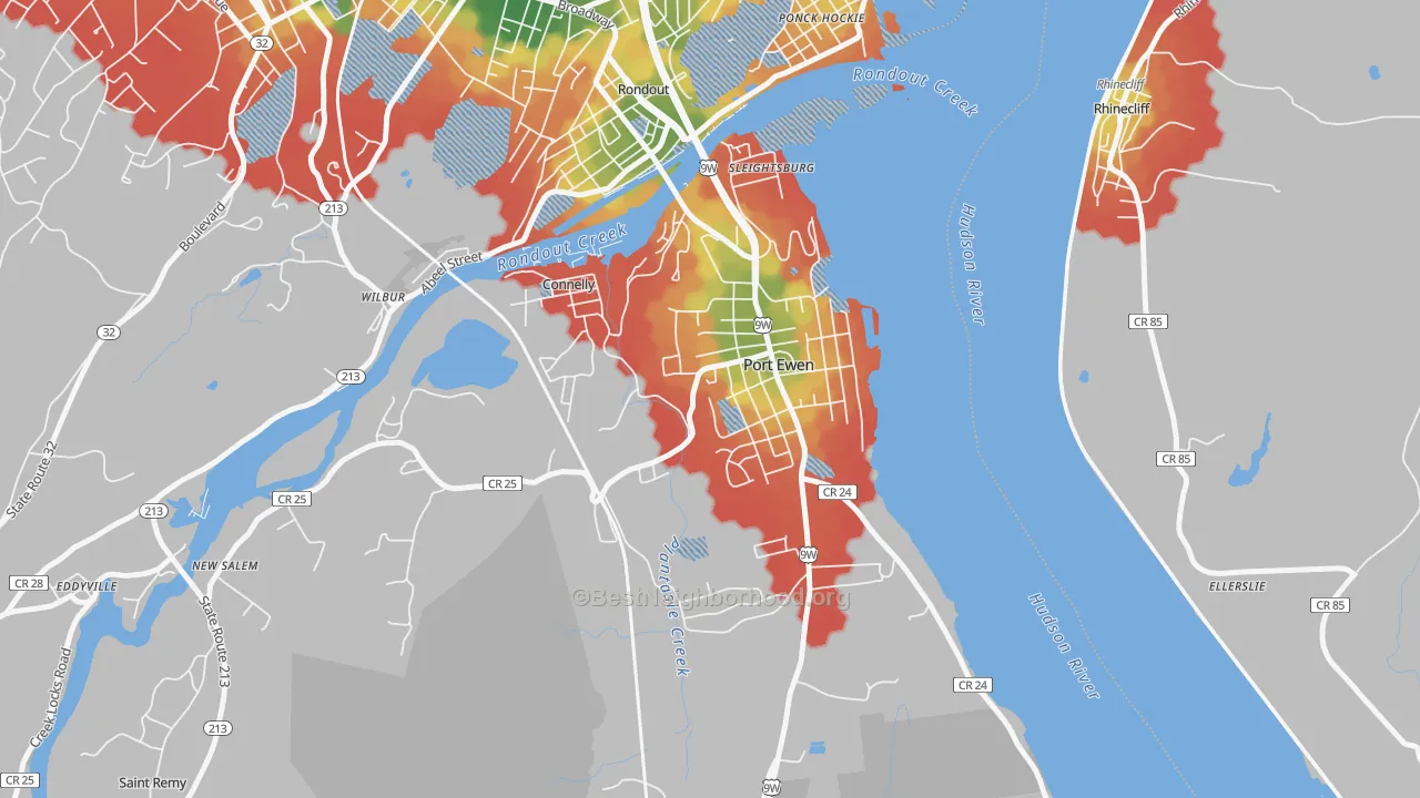Walk Grade map of Port Ewen, NY, walkable areas in green and car-dependent areas in red