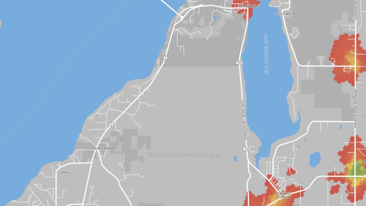 Walk Grade map of Port Gamble, WA, walkable areas in green and car-dependent areas in red