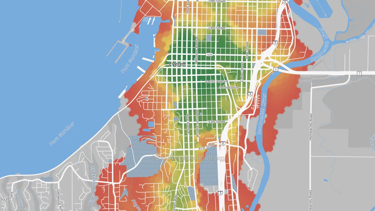 Walk Grade map of Port Gardner, Everett, WA, walkable areas in green and car-dependent areas in red