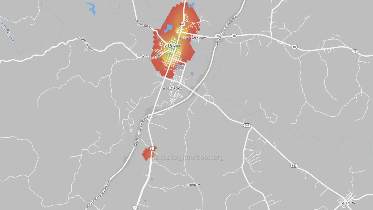 Walk Grade map of Port Gibson, MS, walkable areas in green and car-dependent areas in red