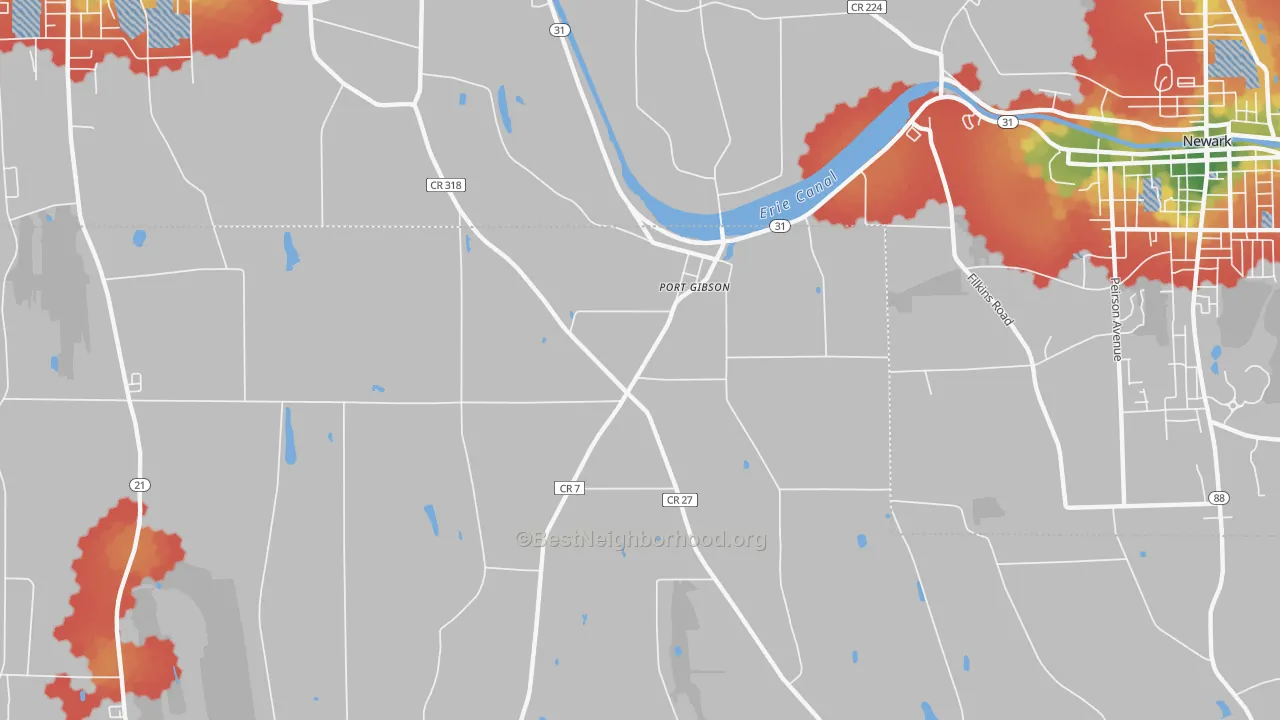Walk Grade map of Port Gibson, NY, walkable areas in green and car-dependent areas in red