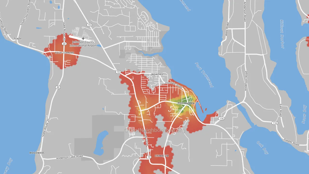 Walk Grade map of Port Hadlock-Irondale, WA, walkable areas in green and car-dependent areas in red