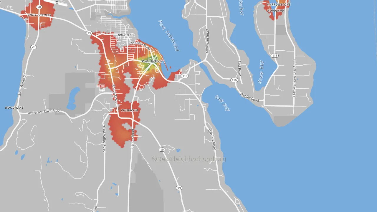 Walk Grade map of Port Hadlock, WA, walkable areas in green and car-dependent areas in red