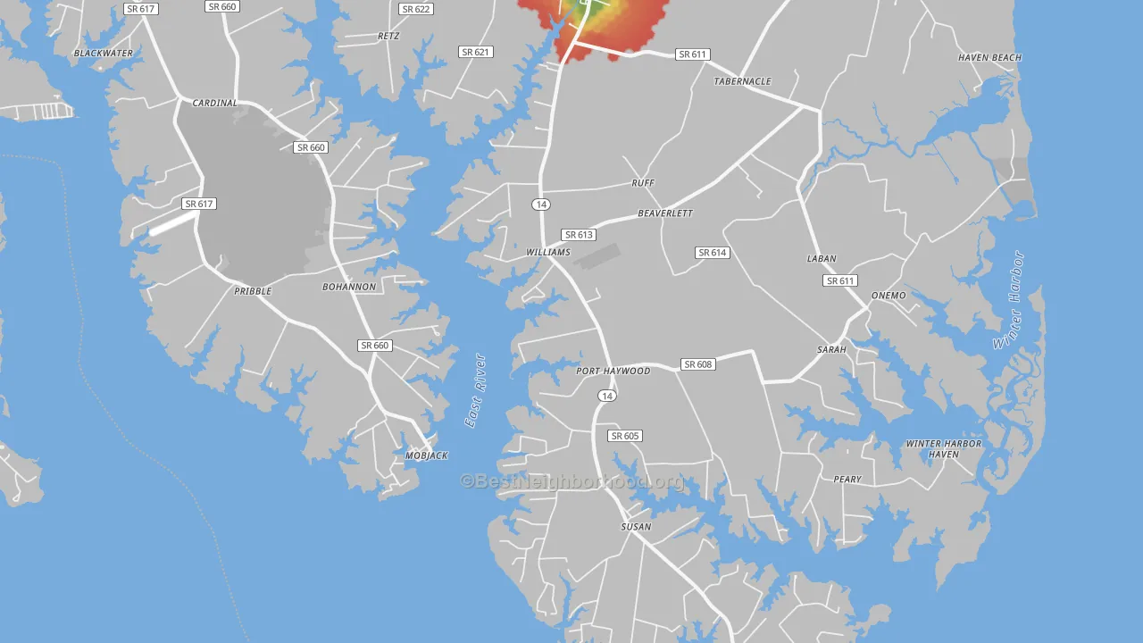 Walk Grade map of Port Haywood, VA, walkable areas in green and car-dependent areas in red
