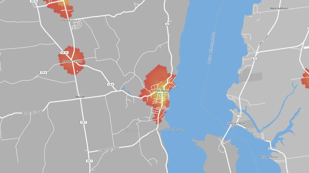 Walk Grade map of Port Henry, NY, walkable areas in green and car-dependent areas in red