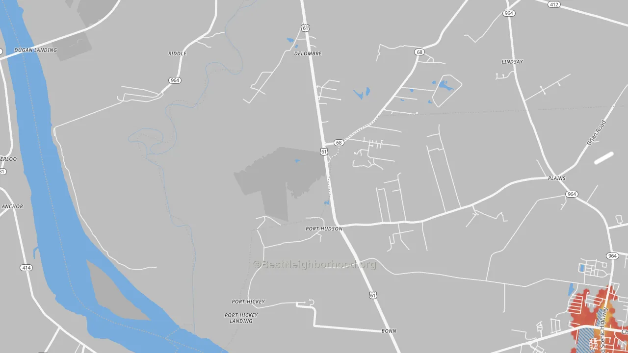 Walk Grade map of Port Hudson, LA, walkable areas in green and car-dependent areas in red