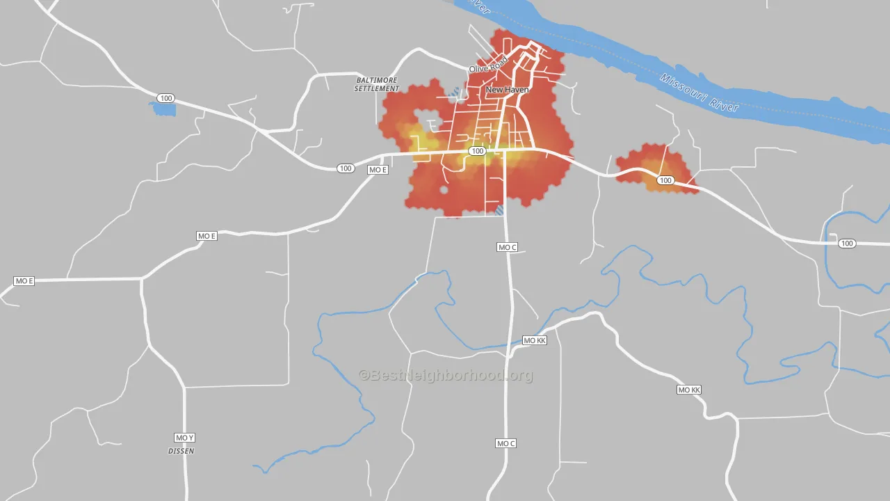 Walk Grade map of Port Hudson, MO, walkable areas in green and car-dependent areas in red
