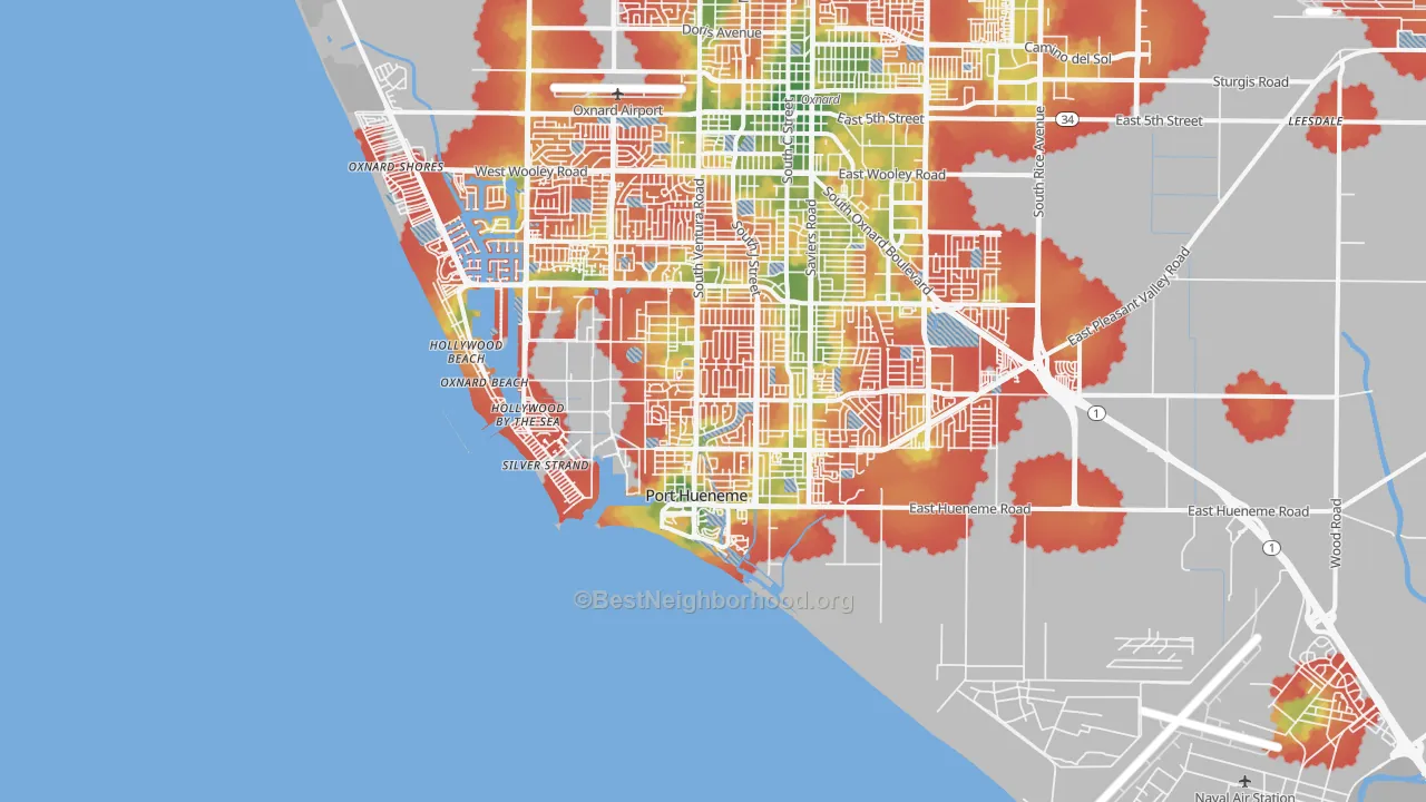 Walk Grade map of Port Hueneme, CA, walkable areas in green and car-dependent areas in red