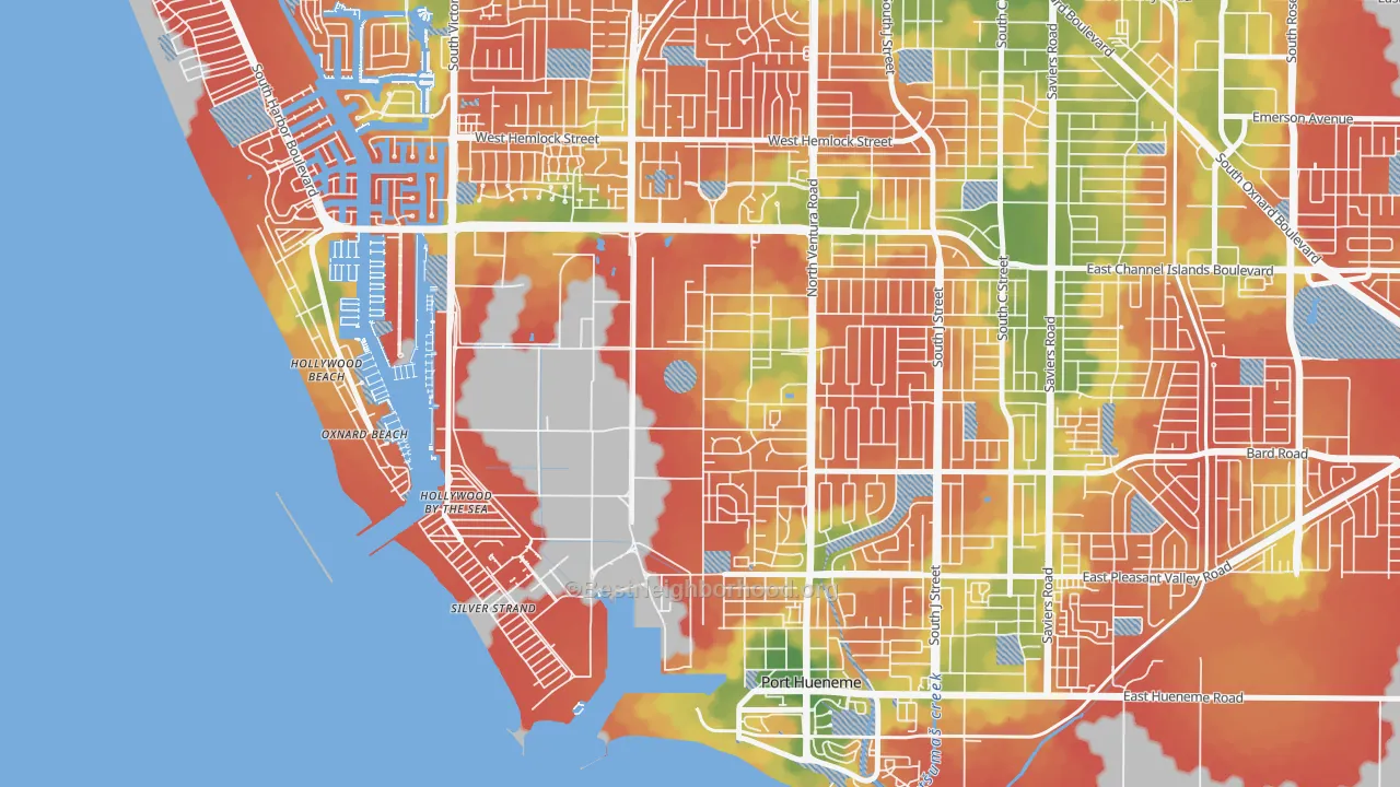 Walk Grade map of Port Hueneme Cbc Base, CA, walkable areas in green and car-dependent areas in red