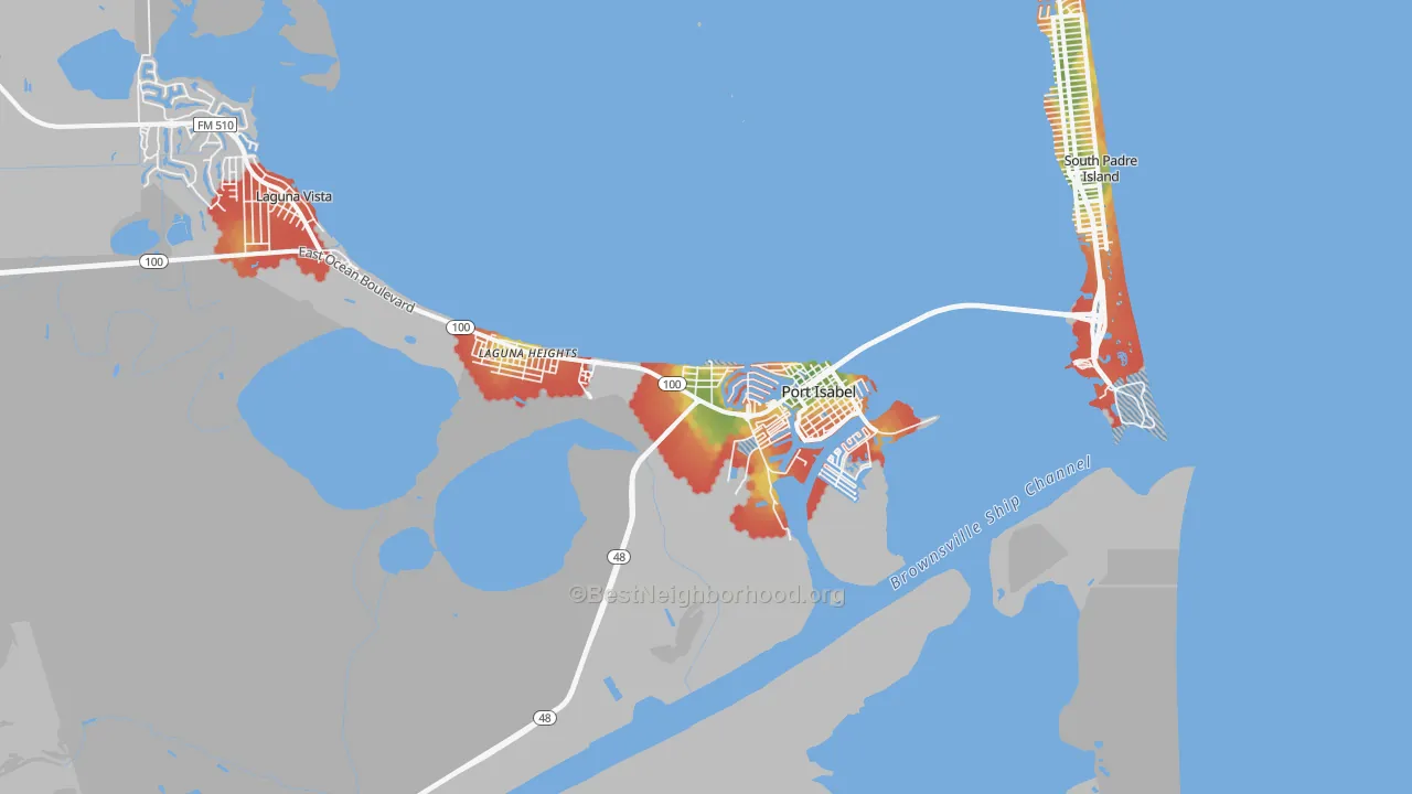 Walk Grade map of Port Isabel, TX, walkable areas in green and car-dependent areas in red