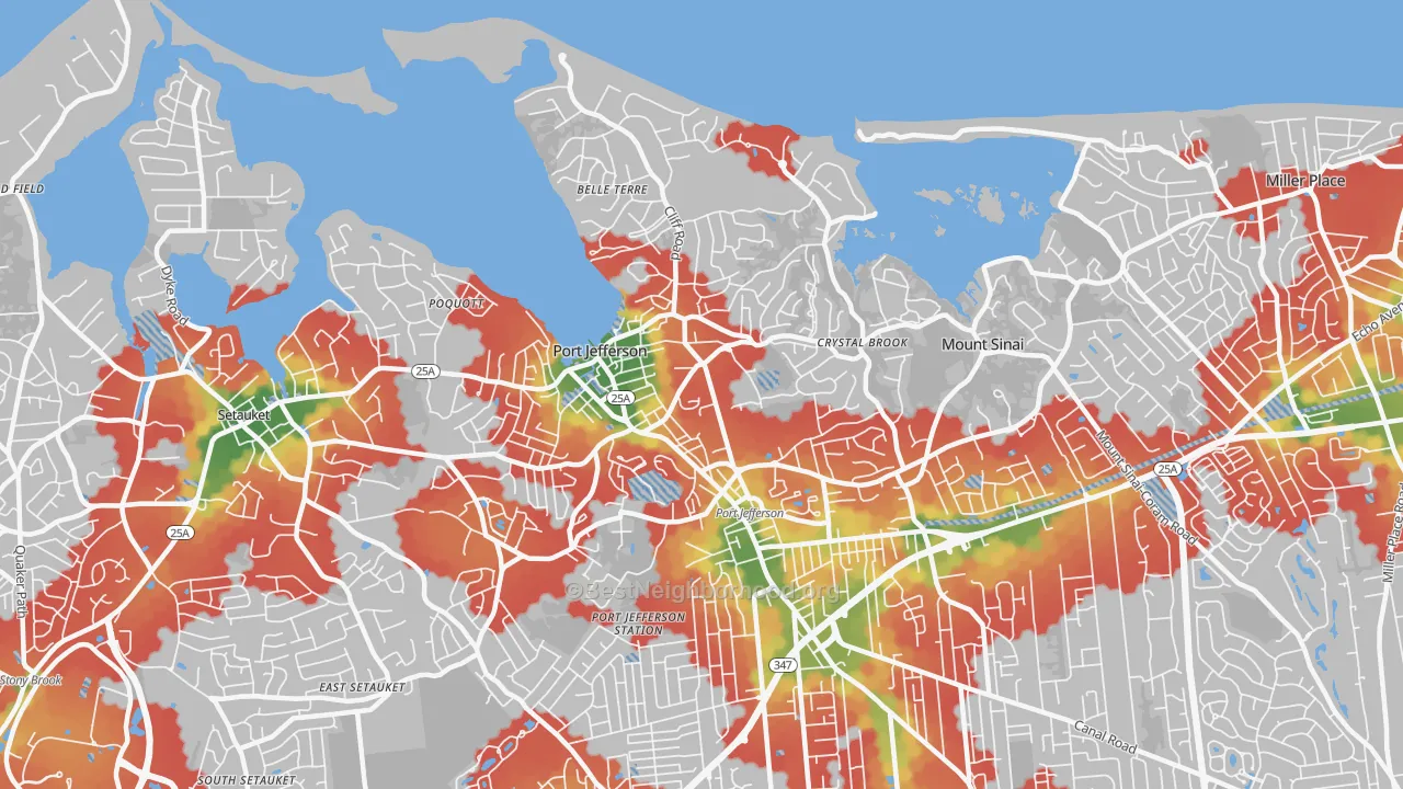 Walk Grade map of Port Jefferson, NY, walkable areas in green and car-dependent areas in red