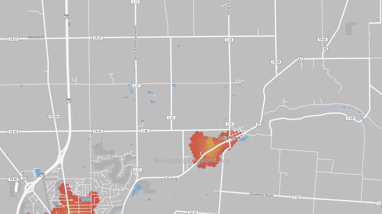 Walk Grade map of Port Jefferson, OH, walkable areas in green and car-dependent areas in red